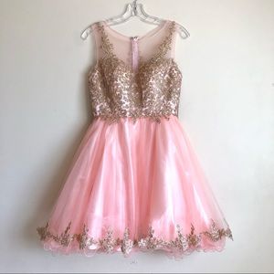 Let's Fashion peach/gold Lace Top Sleeveless Fit & Flare Mini Dress Size S